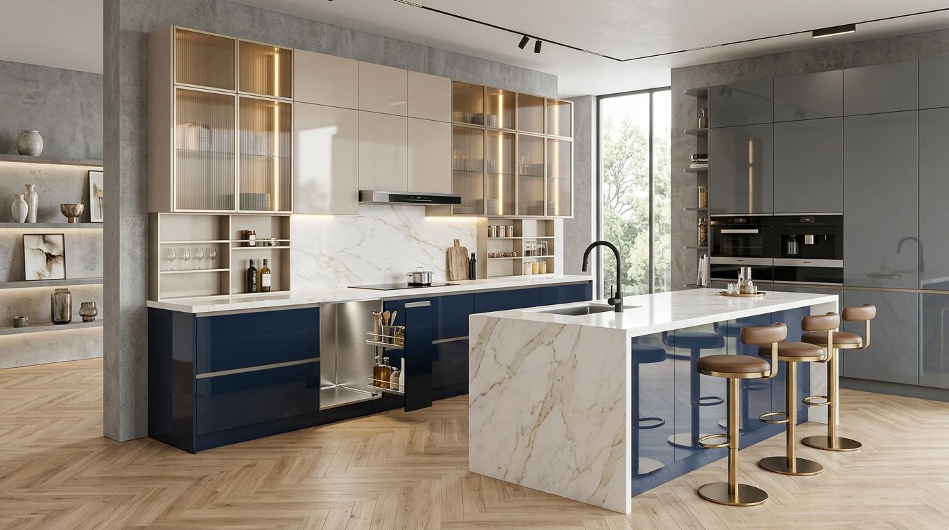 Phối cảnh bếp chữ L cánh Acrylic xanh navy và be ngọc trai, một khoang mở lộ thùng inox 304