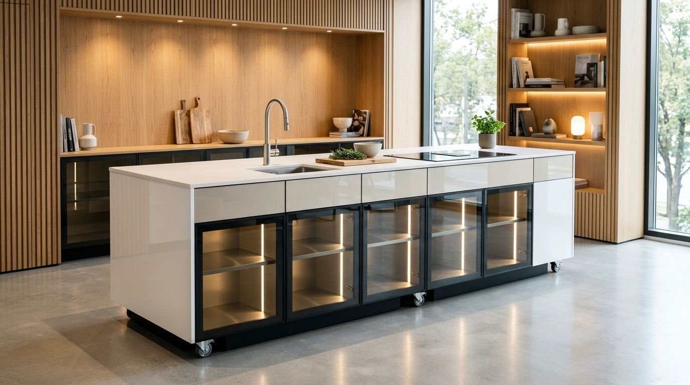 Phối cảnh hệ module 2,8 m cánh kính xám khói khung nhôm đen
