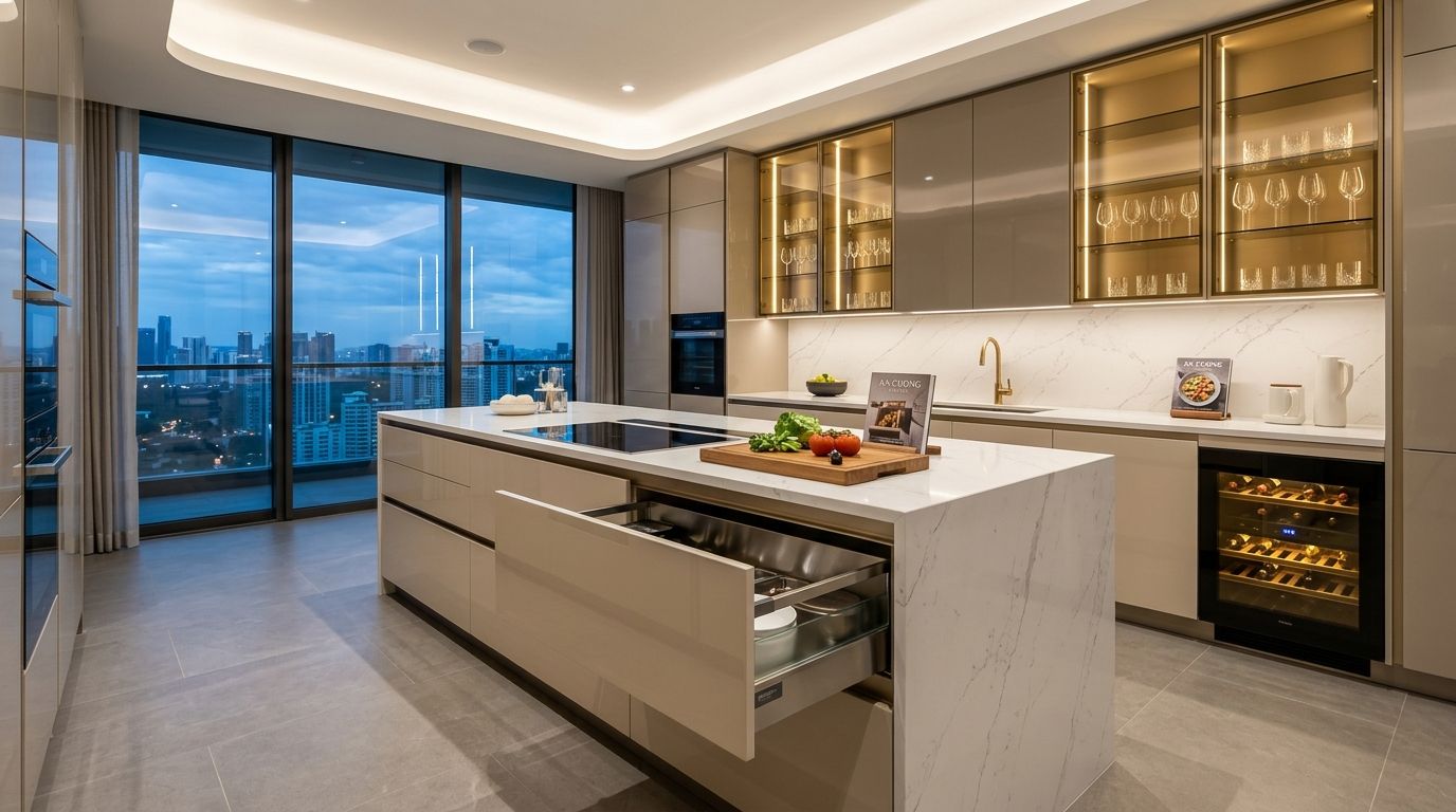 Phối cảnh bếp cánh Acrylic be và tủ trên kính trà đồng, ngăn kéo hé lộ thùng inox 304